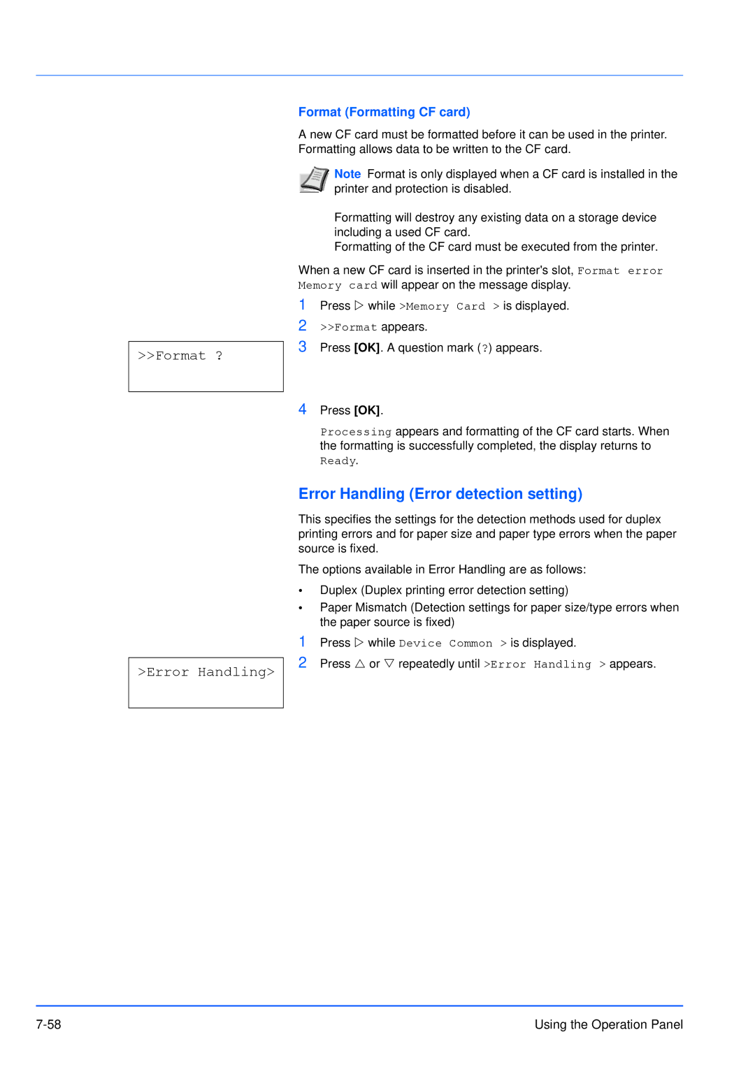 Kyocera FS-3920DN manual Error Handling Error detection setting, Format Formatting CF card 