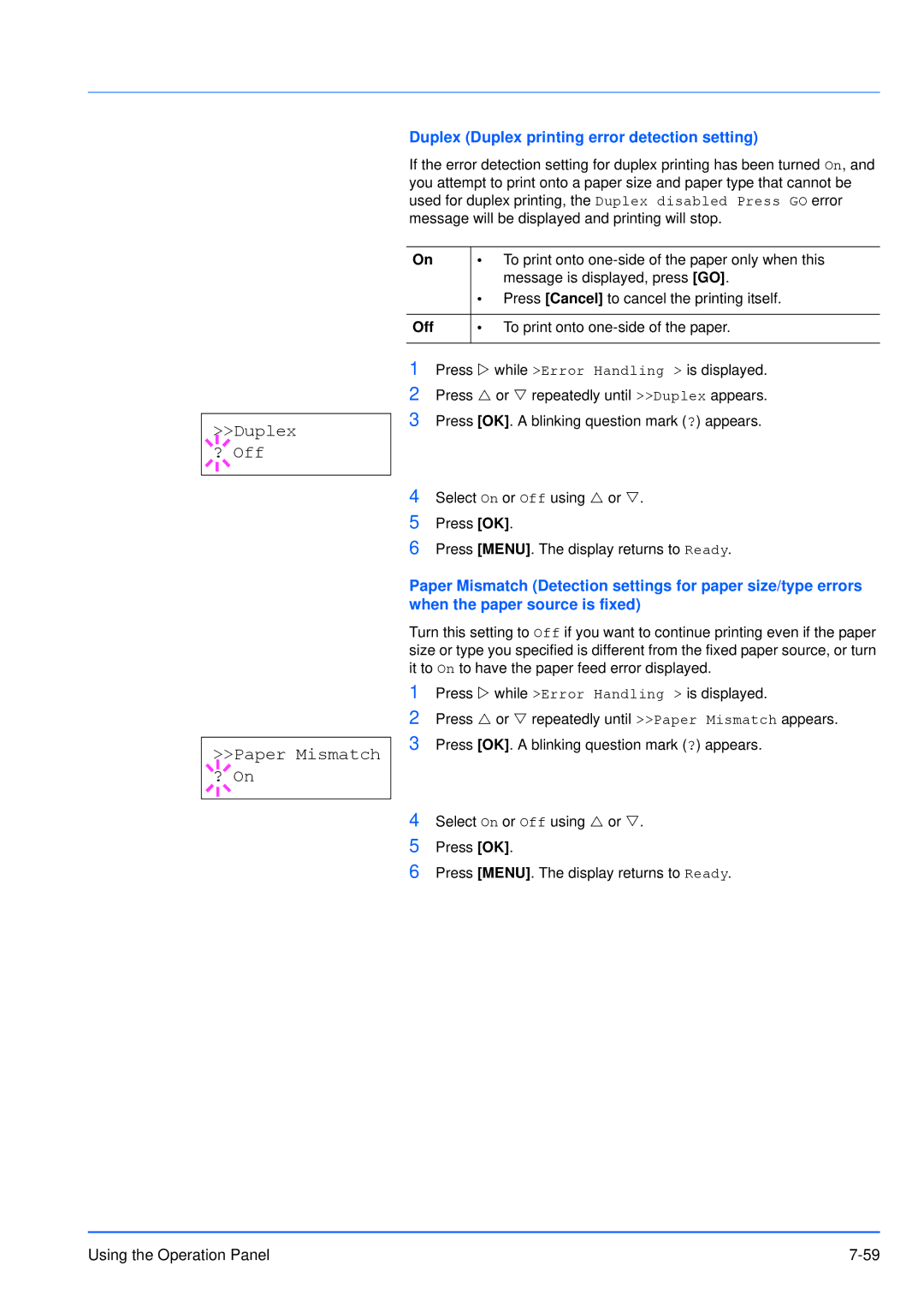 Kyocera FS-3920DN manual Duplex ? Off Paper Mismatch ? On, Duplex Duplex printing error detection setting 