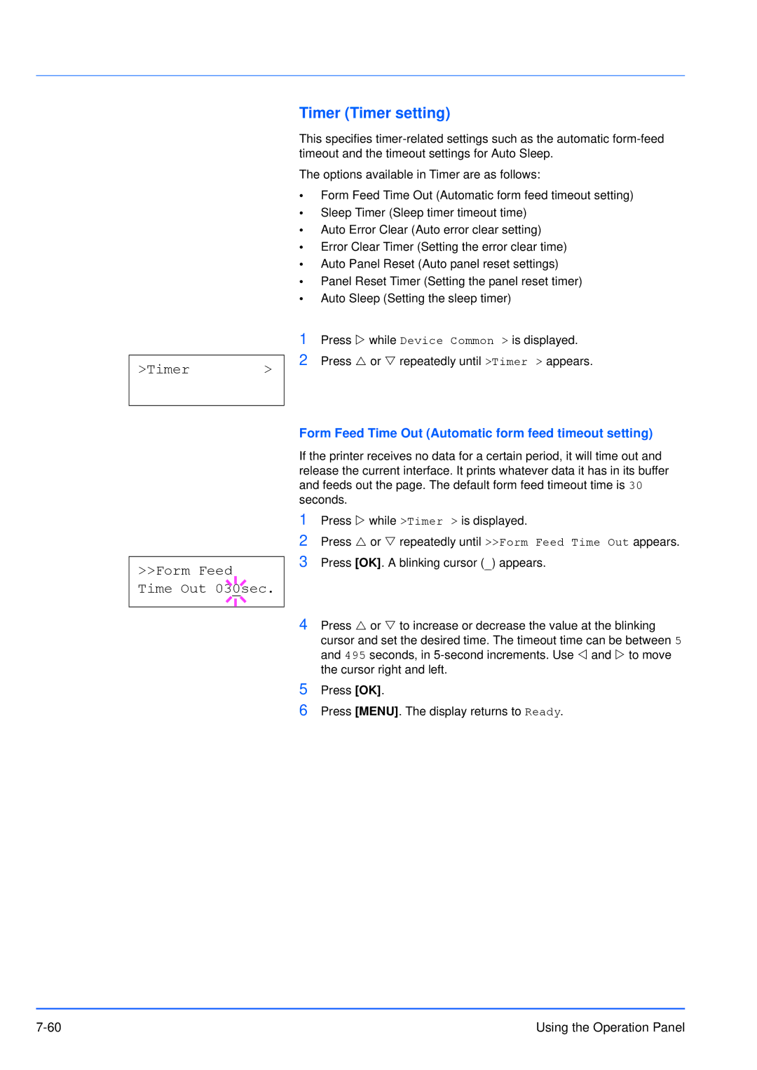 Kyocera FS-3920DN manual Timer Timer setting, Timer Form Feed Time Out 030sec 