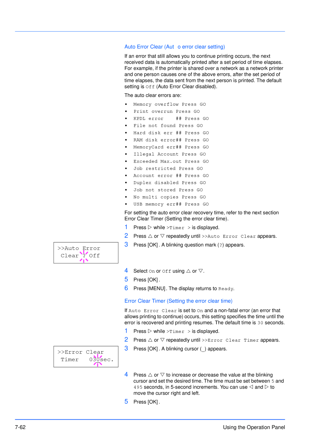 Kyocera FS-3920DN manual Error Clear Timer 030sec, Auto Error Clear Auto error clear setting 