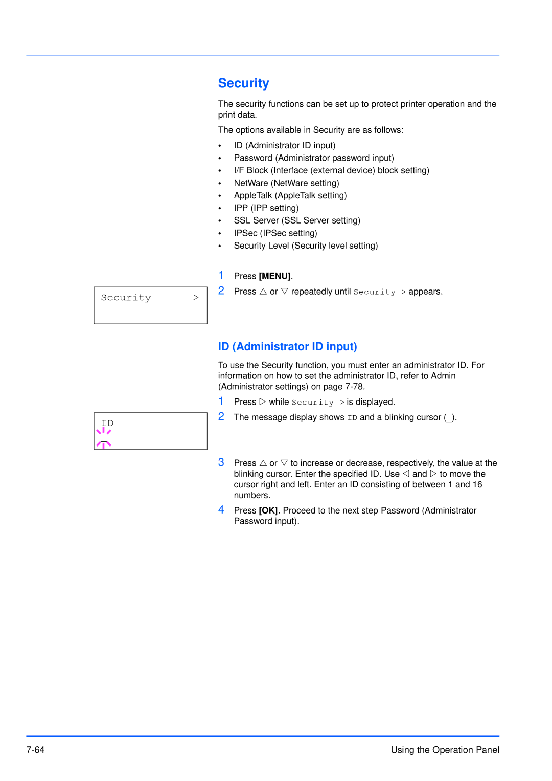 Kyocera FS-3920DN manual Security, ID Administrator ID input 