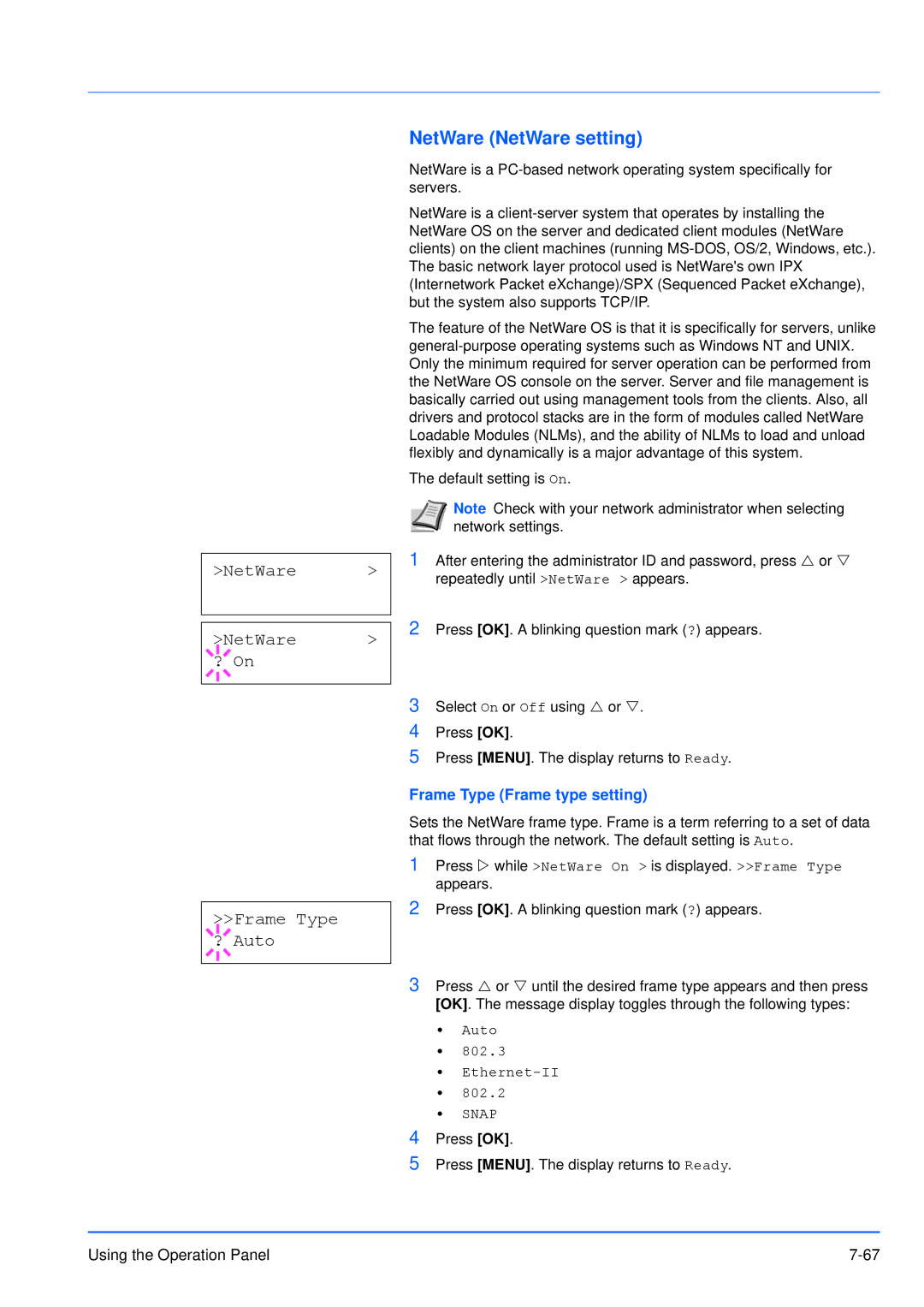 Kyocera FS-3920DN manual NetWare NetWare setting, NetWare ? On Frame Type ? Auto, Frame Type Frame type setting 