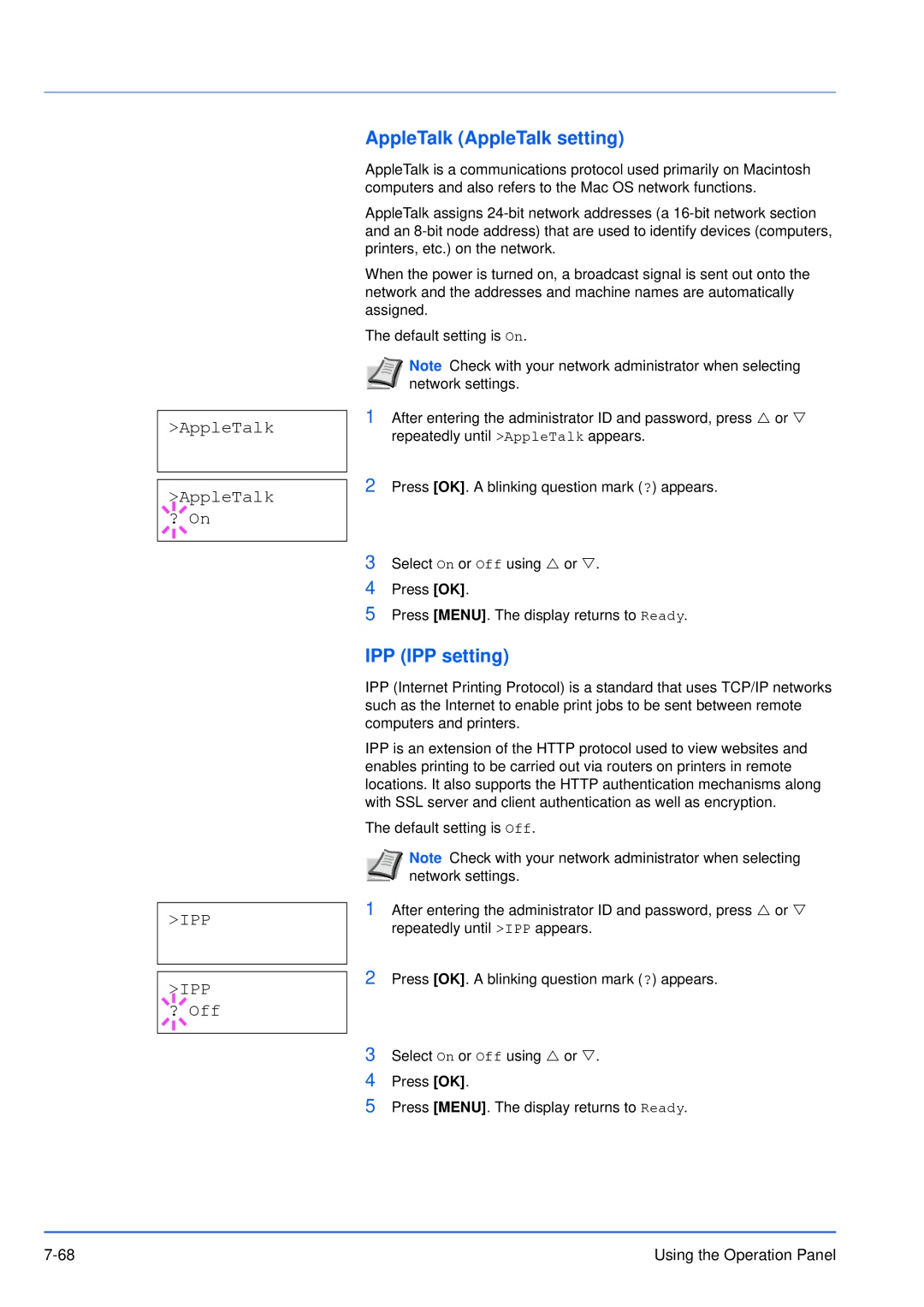 Kyocera FS-3920DN manual AppleTalk AppleTalk setting, IPP IPP setting, AppleTalk AppleTalk ? On, IPP ? Off 