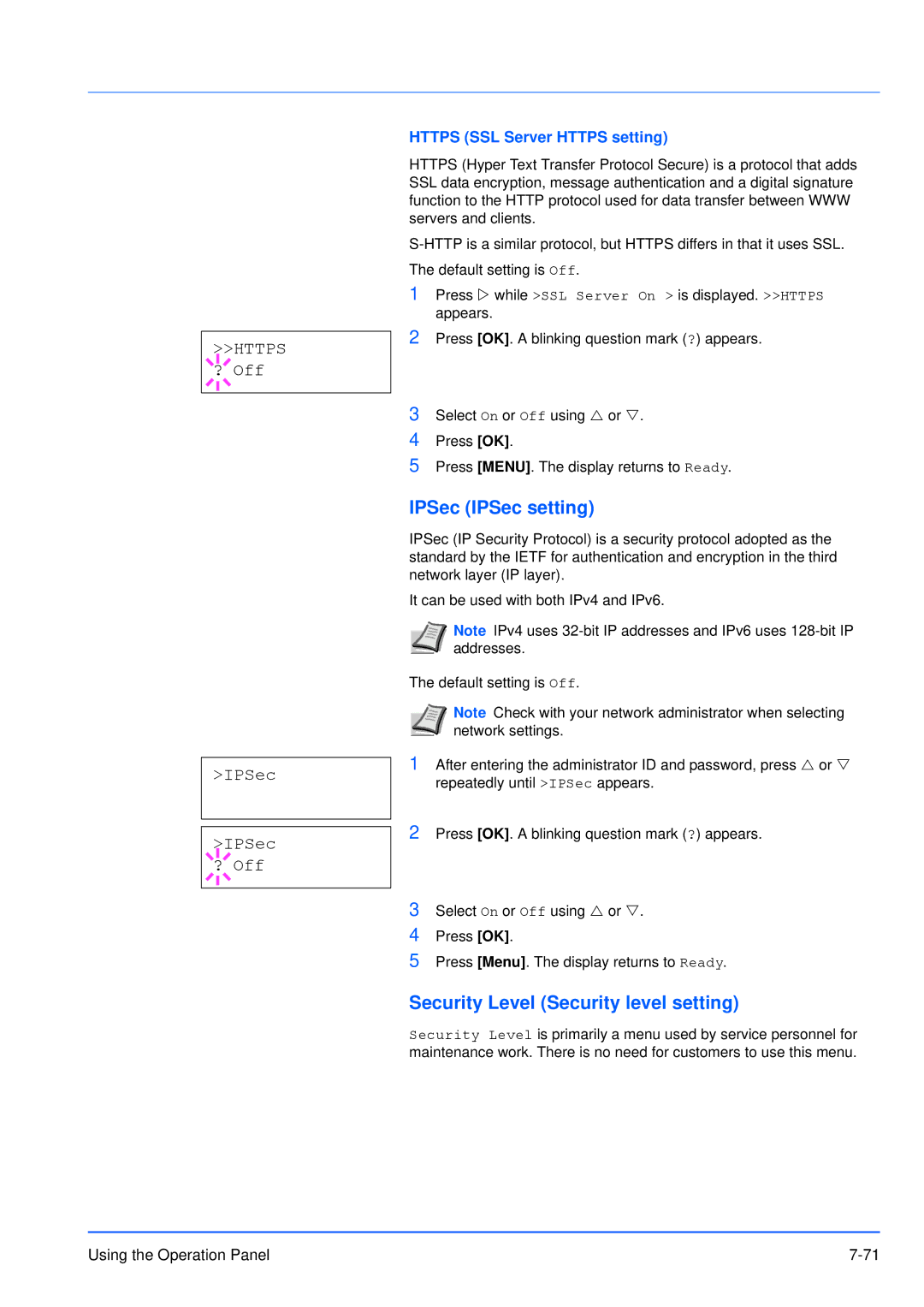 Kyocera FS-3920DN manual IPSec IPSec setting, Security Level Security level setting, Https ? Off IPSec IPSec ? Off 