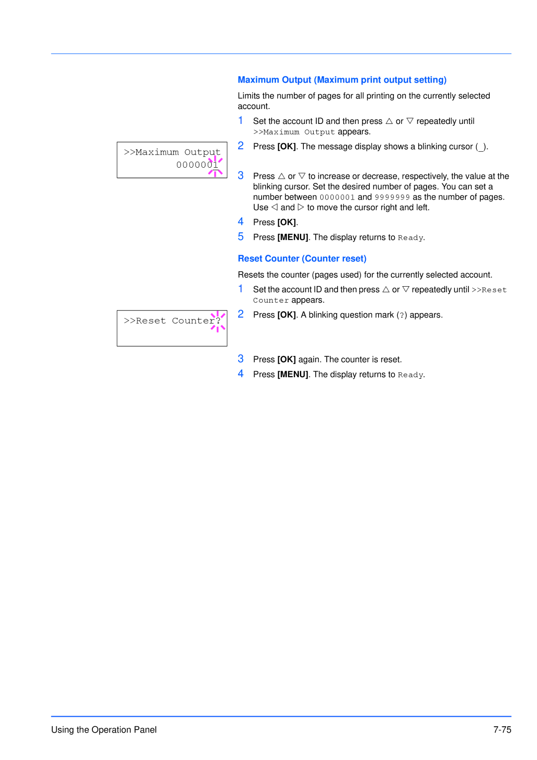 Kyocera FS-3920DN manual Maximum Output Reset Counter?, Maximum Output Maximum print output setting, Maximum Output appears 