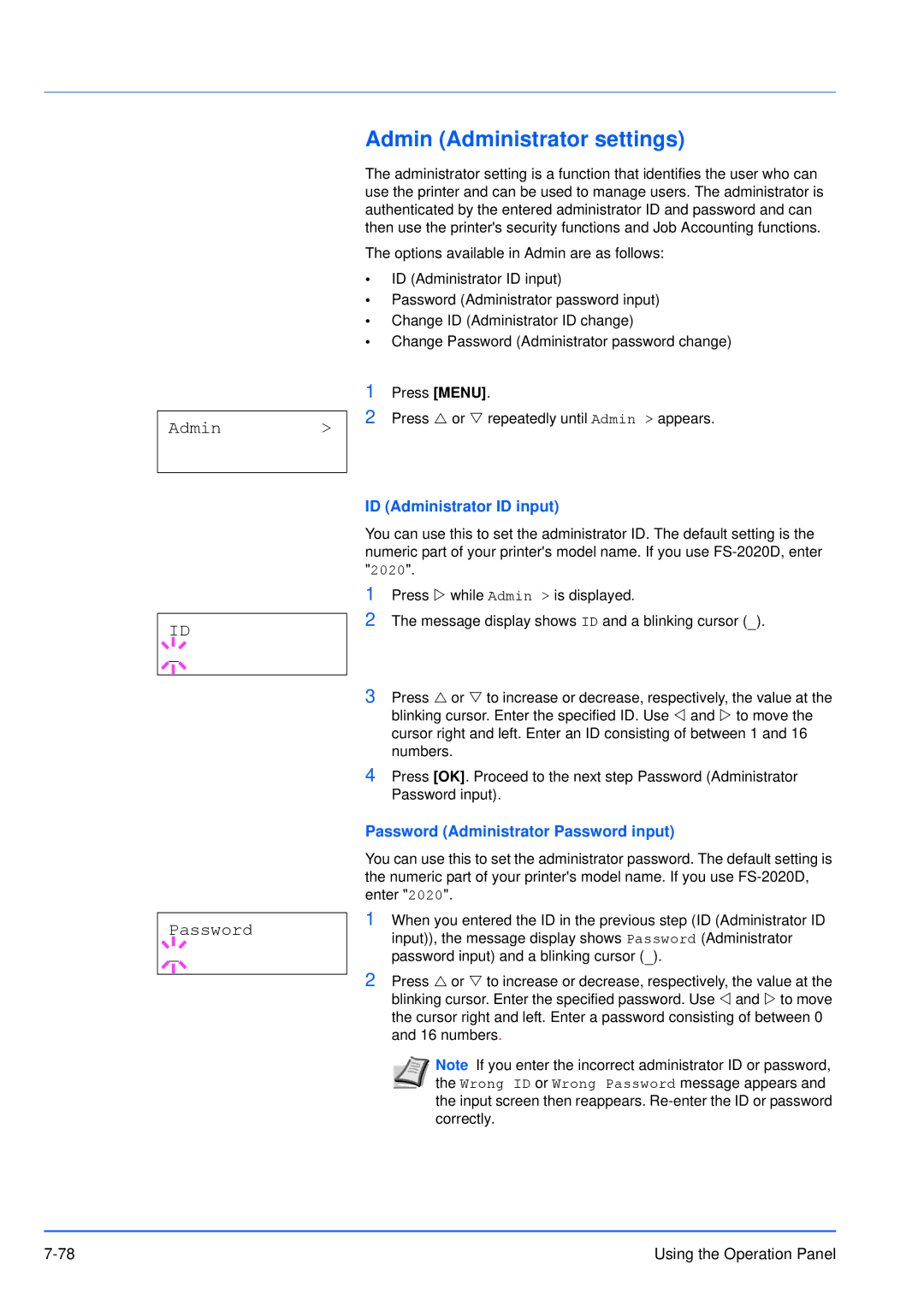 Kyocera FS-3920DN manual Admin Administrator settings, Admin Password, ID Administrator ID input 