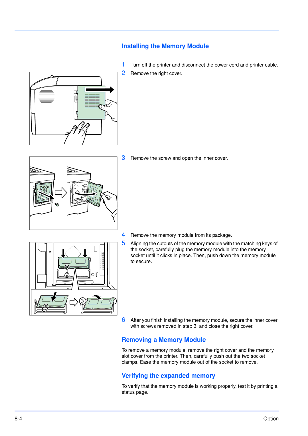 Kyocera FS-3920DN manual Installing the Memory Module, Removing a Memory Module, Verifying the expanded memory 