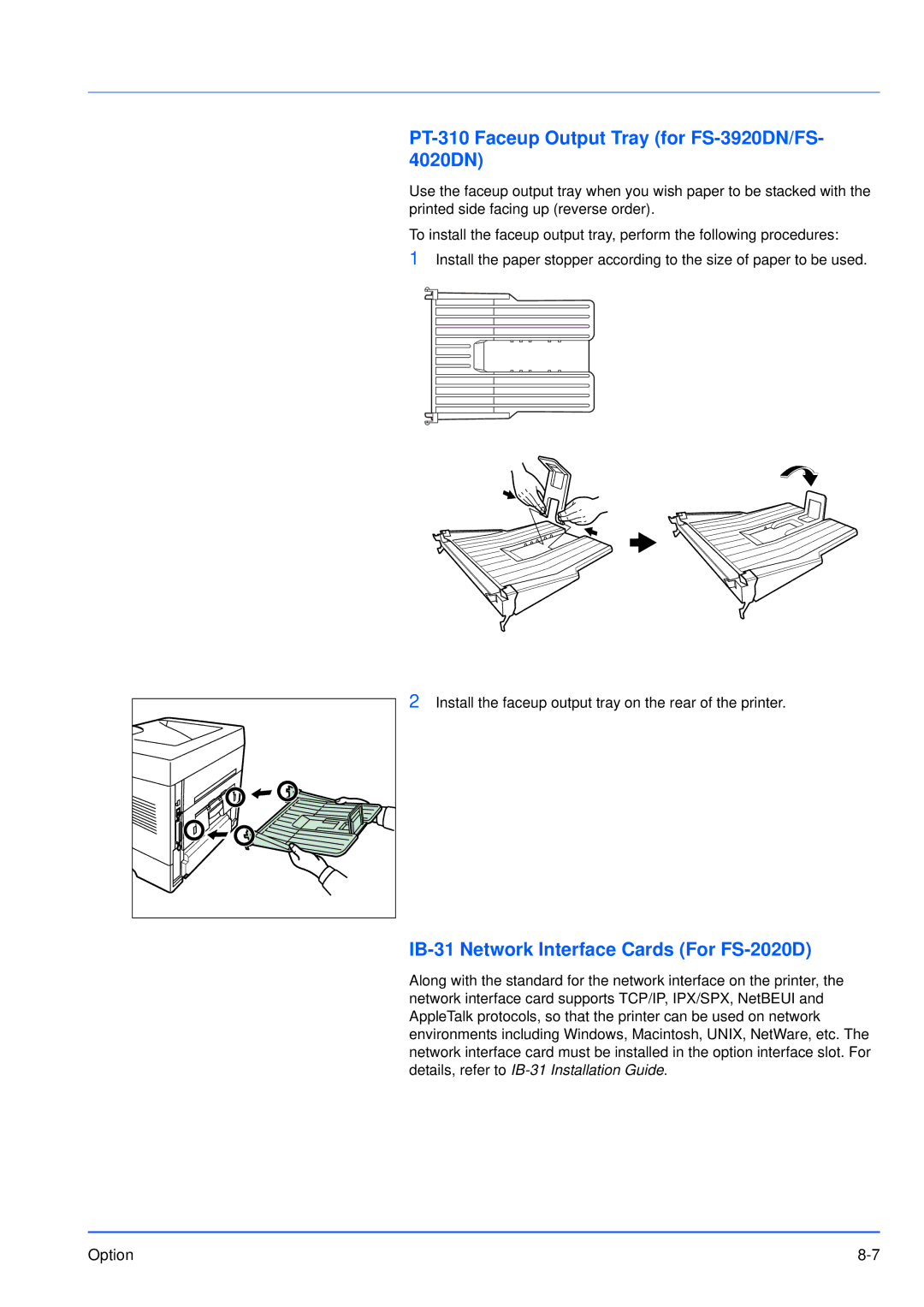 Kyocera manual PT-310 Faceup Output Tray for FS-3920DN/FS- 4020DN, IB-31 Network Interface Cards For FS-2020D 