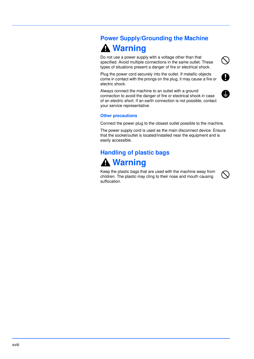 Kyocera FS-3920DN manual Power Supply/Grounding the Machine, Handling of plastic bags, Other precautions 