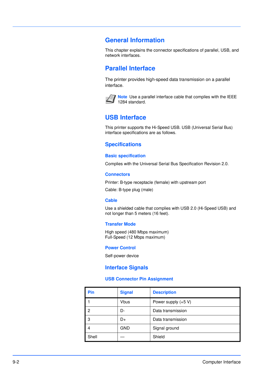 Kyocera FS-3920DN manual Parallel Interface, USB Interface, Specifications, Interface Signals 