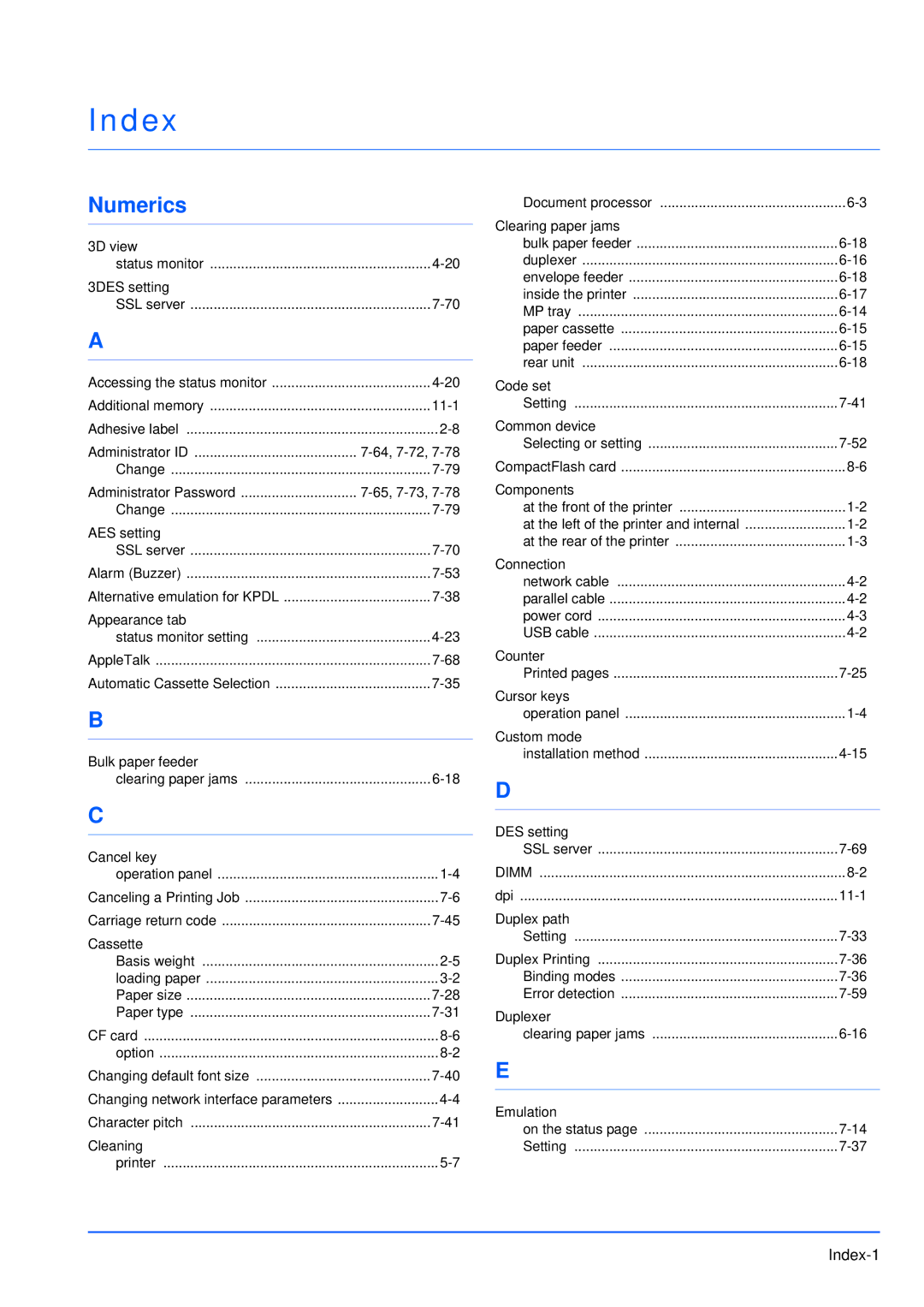 Kyocera FS-3920DN manual Index, Numerics 