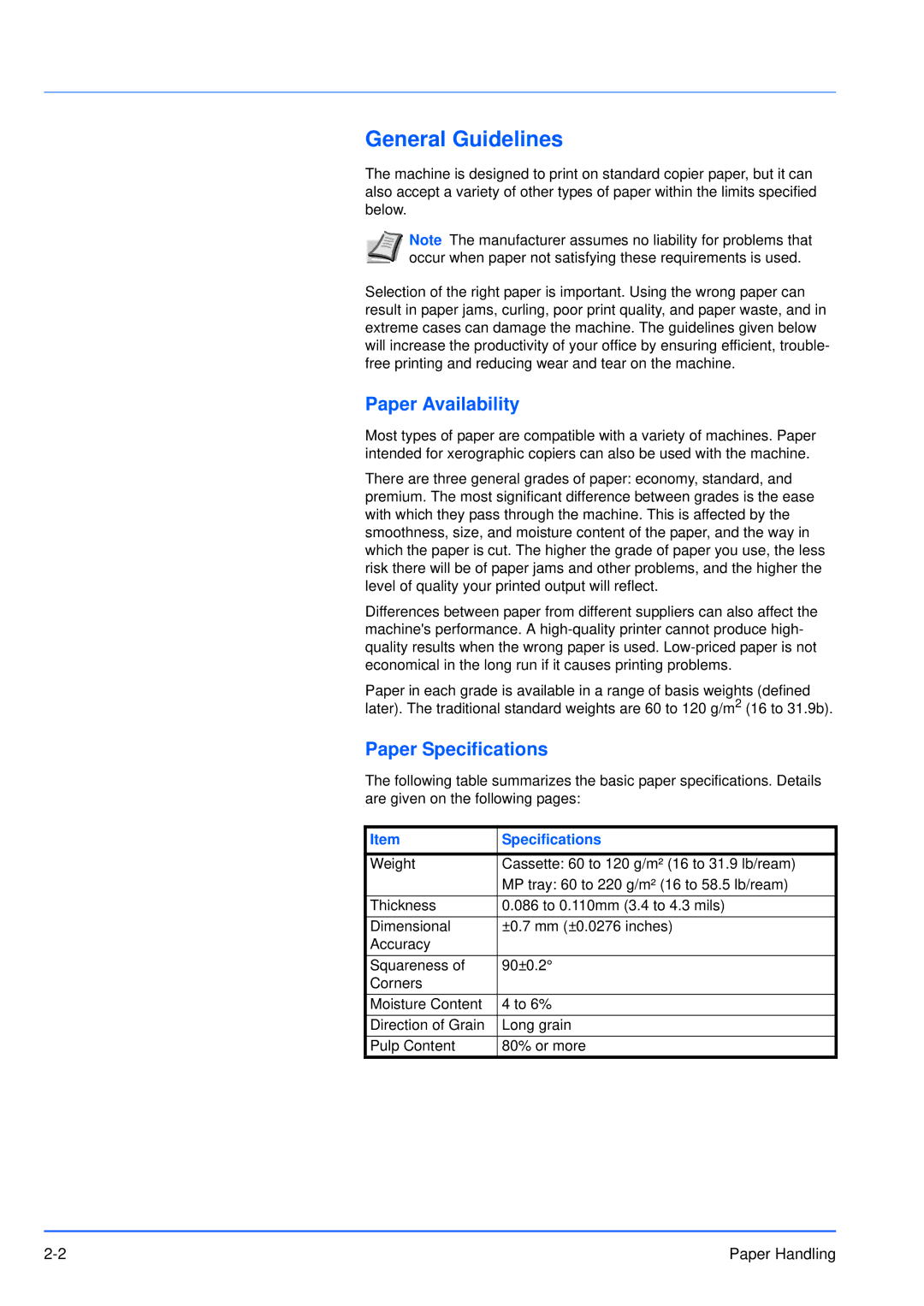 Kyocera FS-3920DN manual General Guidelines, Paper Availability, Paper Specifications 