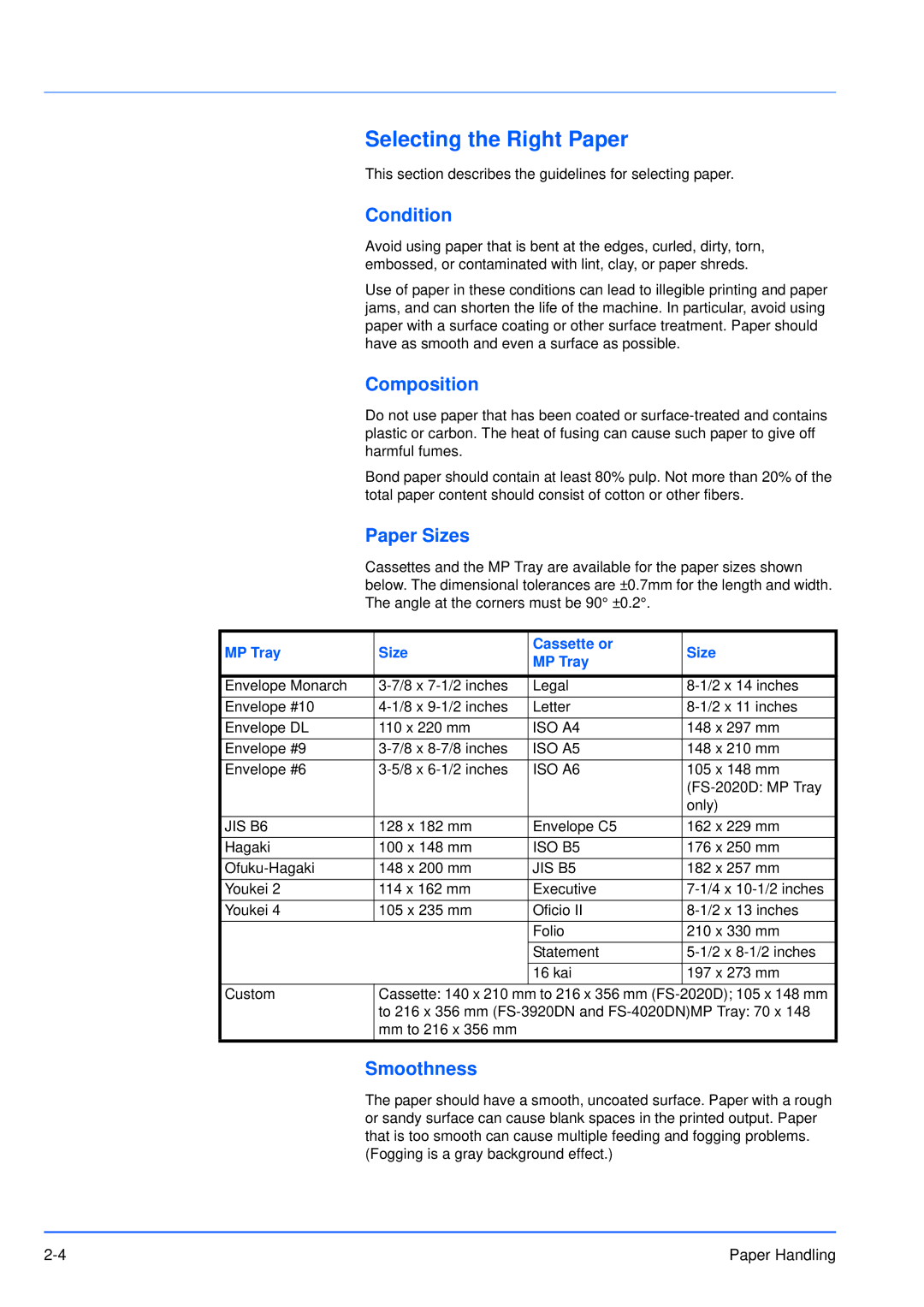 Kyocera FS-3920DN manual Selecting the Right Paper, Condition, Composition, Paper Sizes, Smoothness 