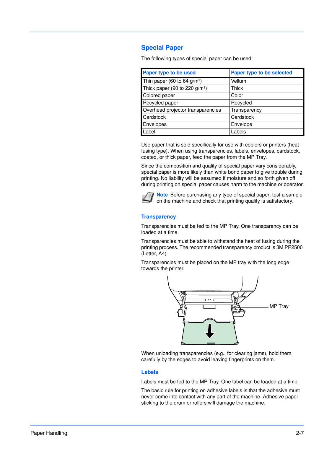 Kyocera FS-3920DN manual Special Paper, Paper type to be used Paper type to be selected, Transparency, Labels 