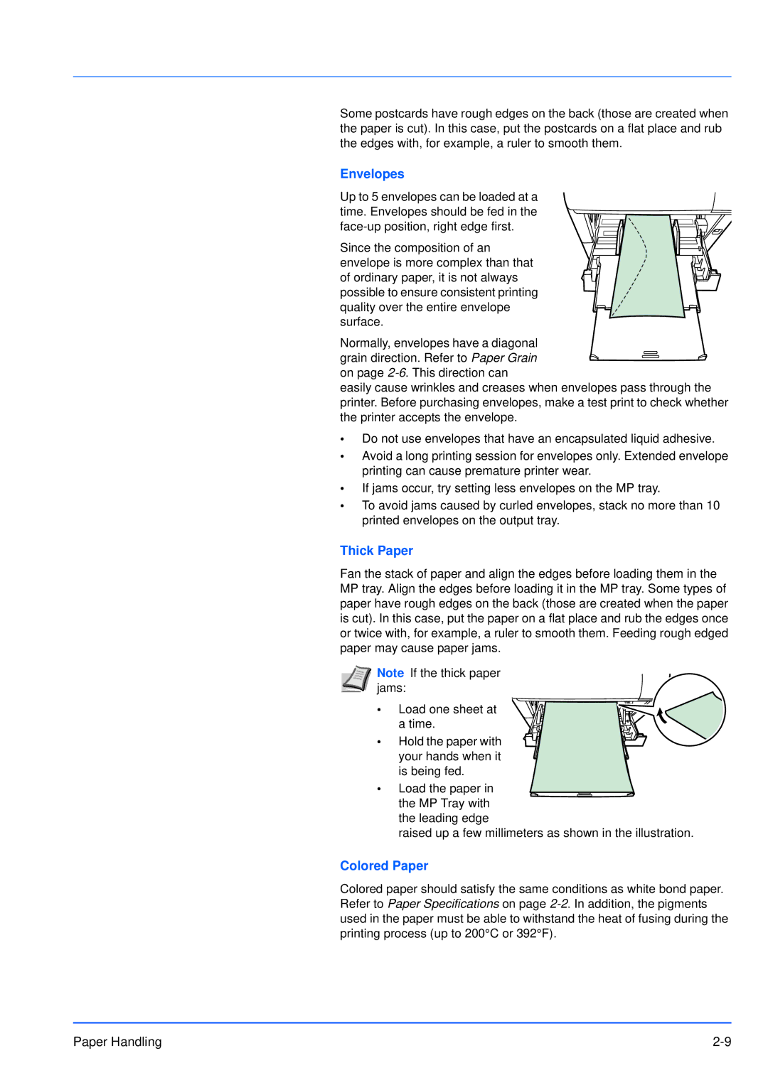 Kyocera FS-3920DN manual Envelopes, Thick Paper, Colored Paper 