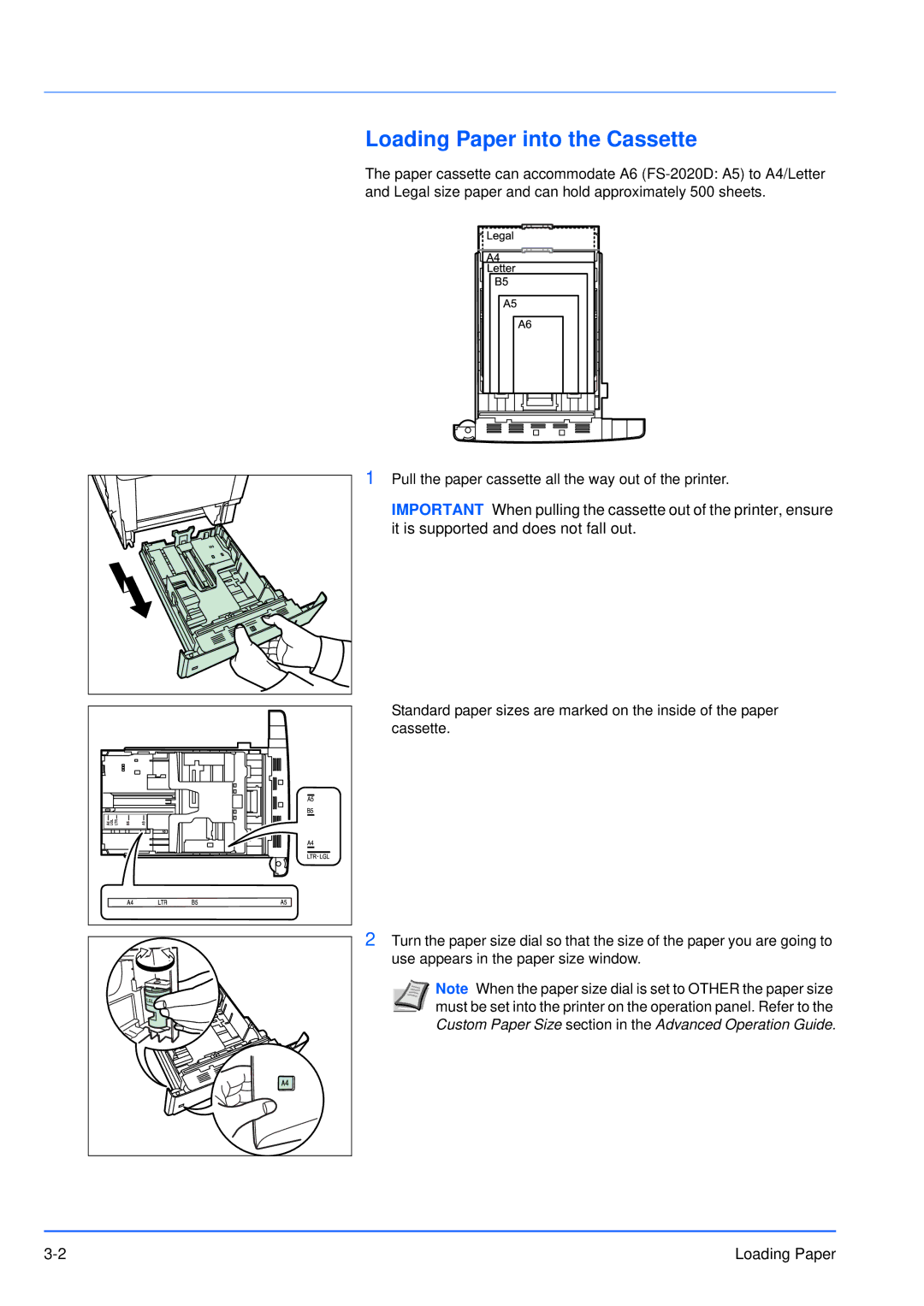 Kyocera FS-3920DN manual Loading Paper into the Cassette 