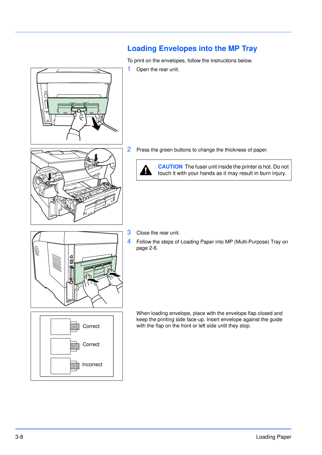 Kyocera FS-3920DN manual Loading Envelopes into the MP Tray 