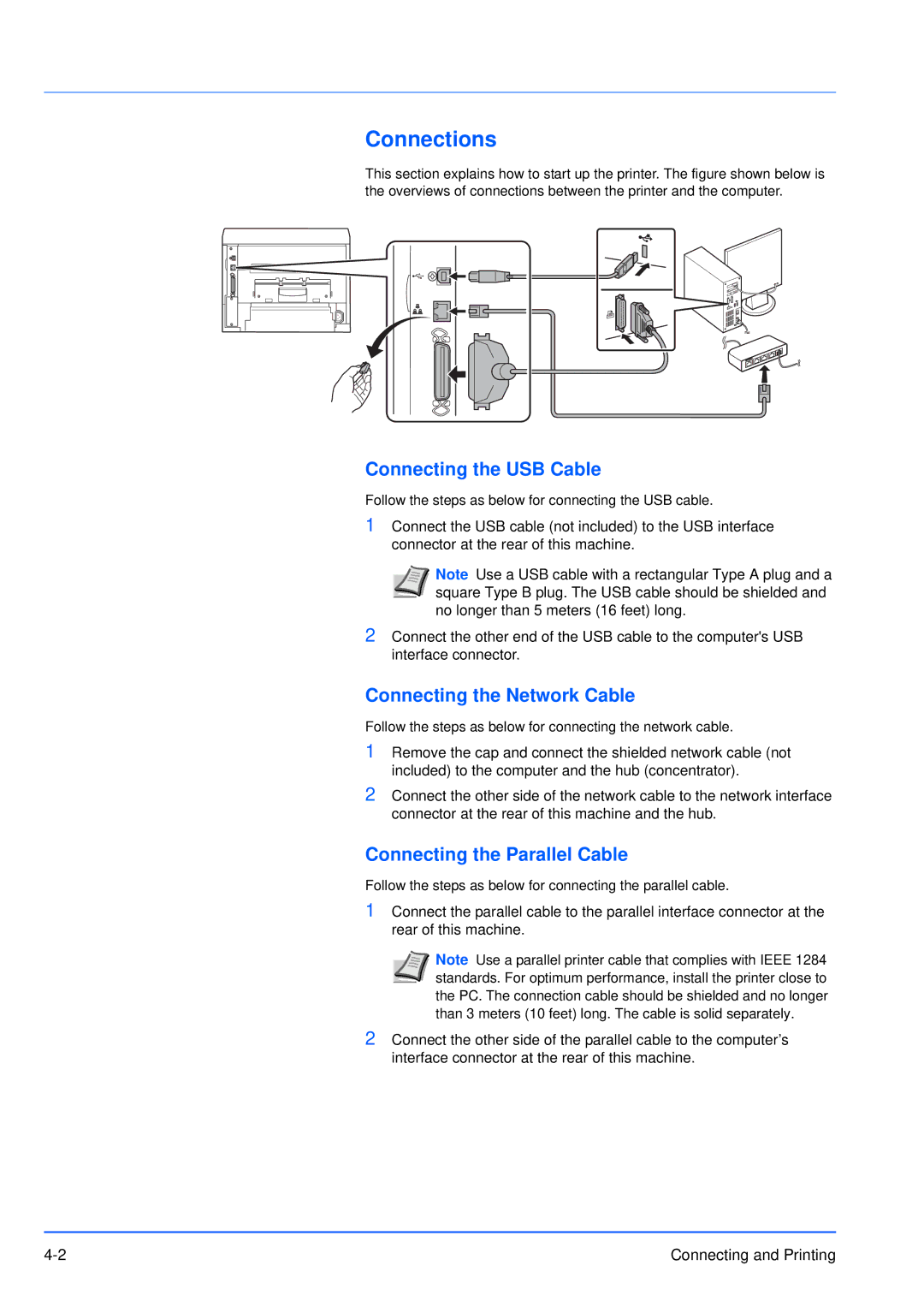 Kyocera FS-3920DN manual Connections, Connecting the USB Cable, Connecting the Network Cable, Connecting the Parallel Cable 