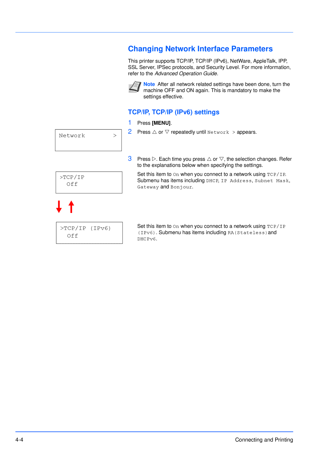 Kyocera FS-3920DN manual Changing Network Interface Parameters, TCP/IP, TCP/IP IPv6 settings, Off TCP/IP IPv6 Off 