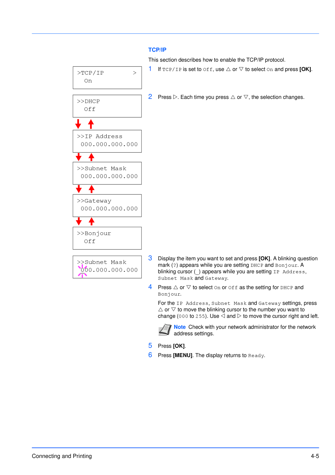 Kyocera FS-3920DN manual Tcp/Ip, Subnet Mask and Gateway 