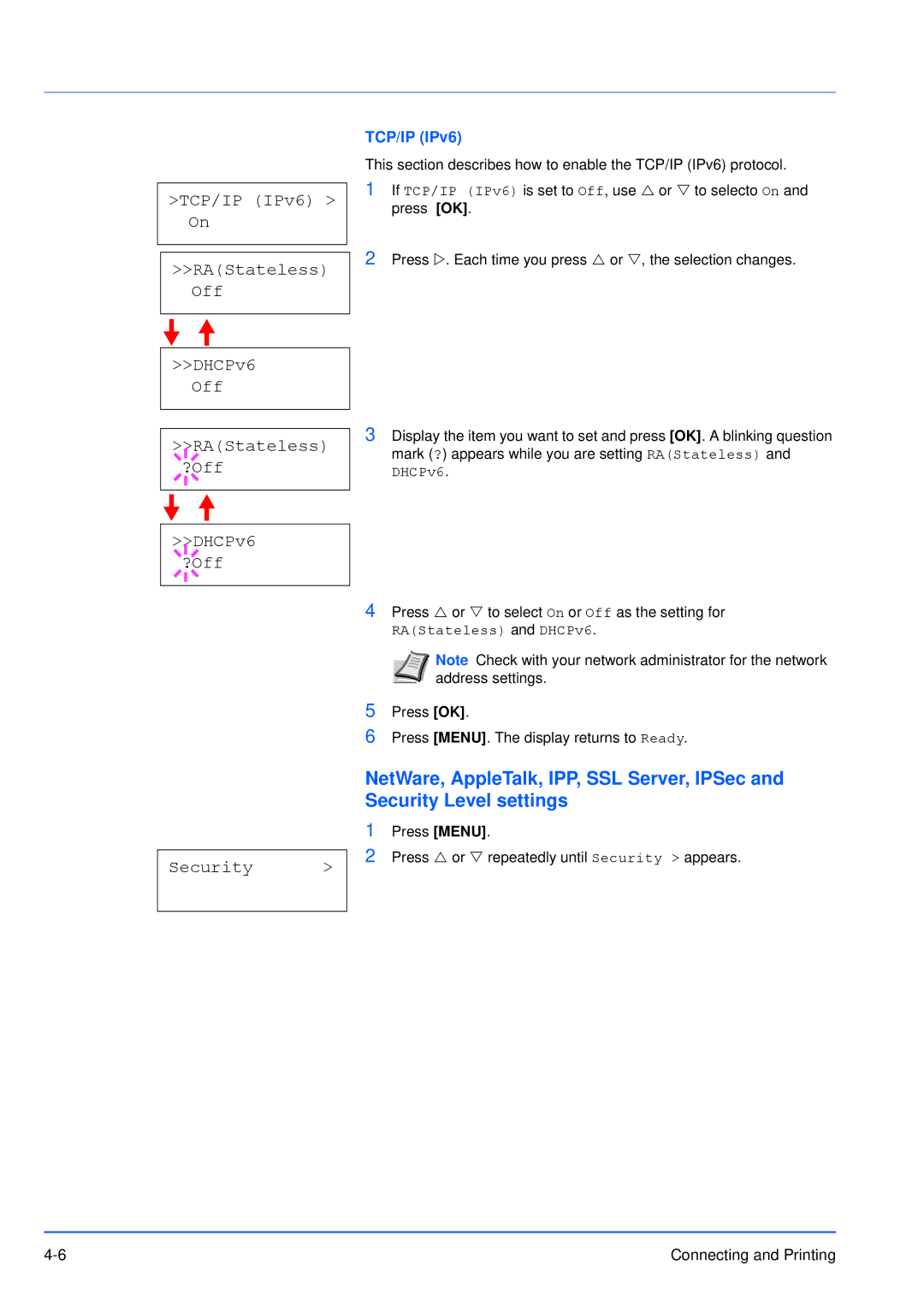 Kyocera FS-3920DN manual TCP/IP IPv6 On RAStateless Off DHCPv6 Off ?Off, Security, RAStateless and DHCPv6 