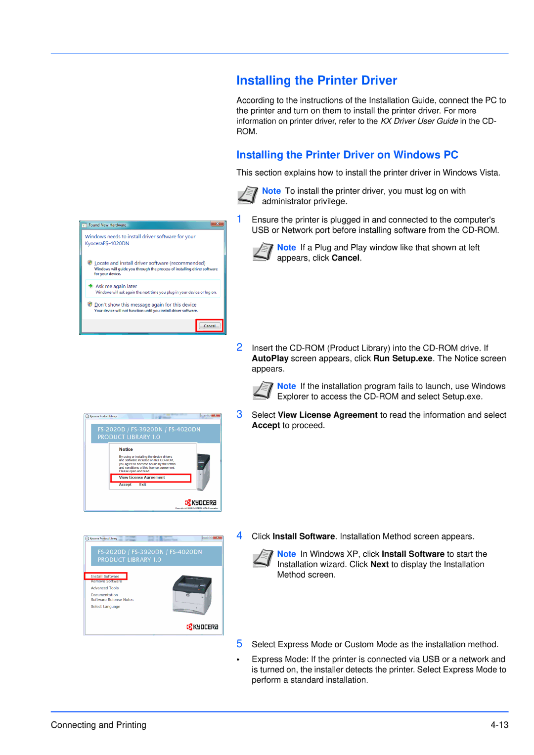 Kyocera FS-3920DN manual Installing the Printer Driver on Windows PC 