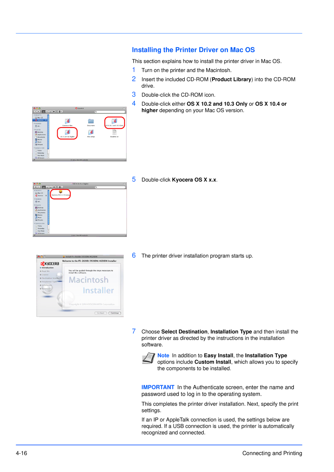 Kyocera FS-3920DN manual Installing the Printer Driver on Mac OS 