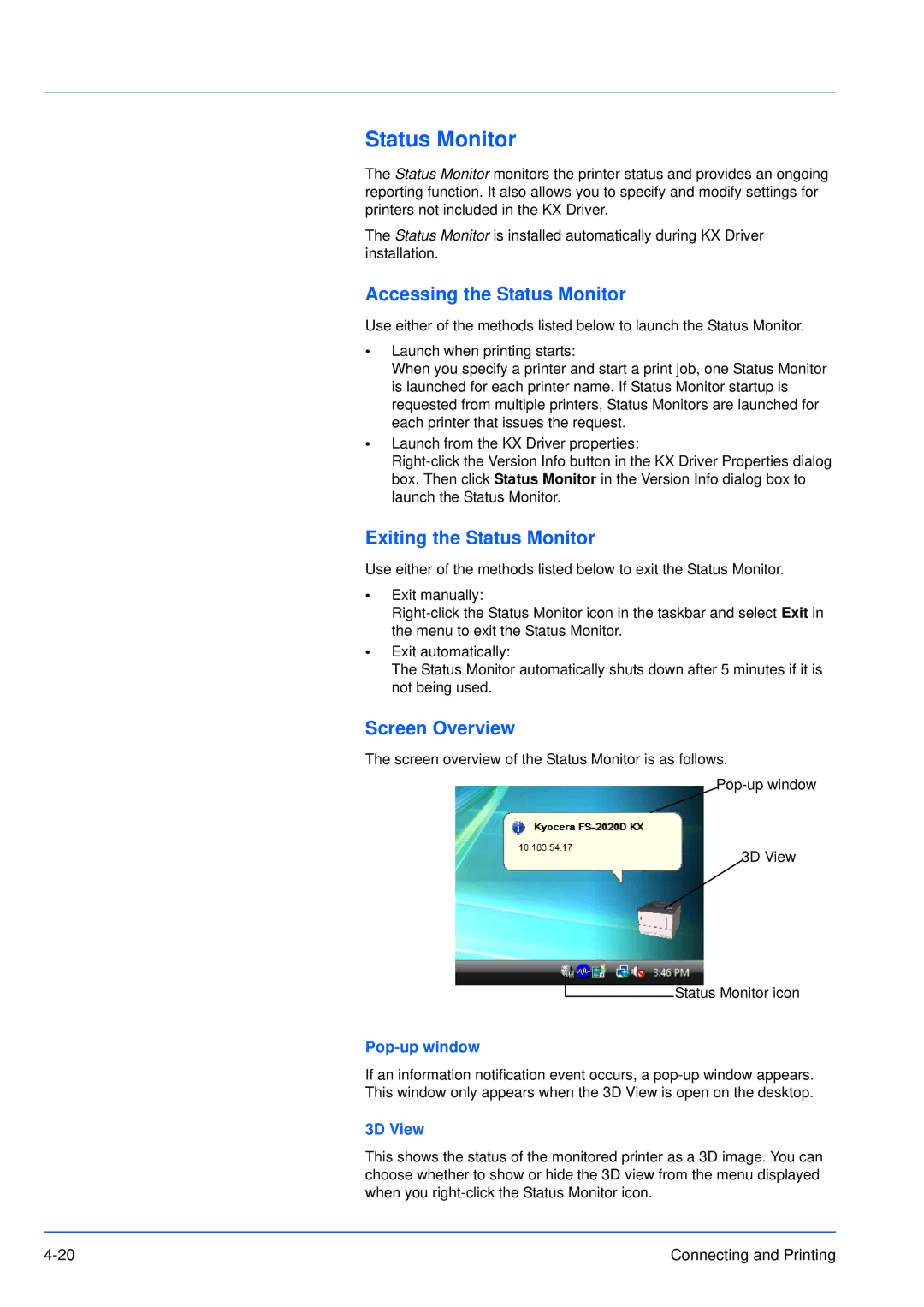 Kyocera FS-3920DN manual Accessing the Status Monitor, Exiting the Status Monitor, Screen Overview 