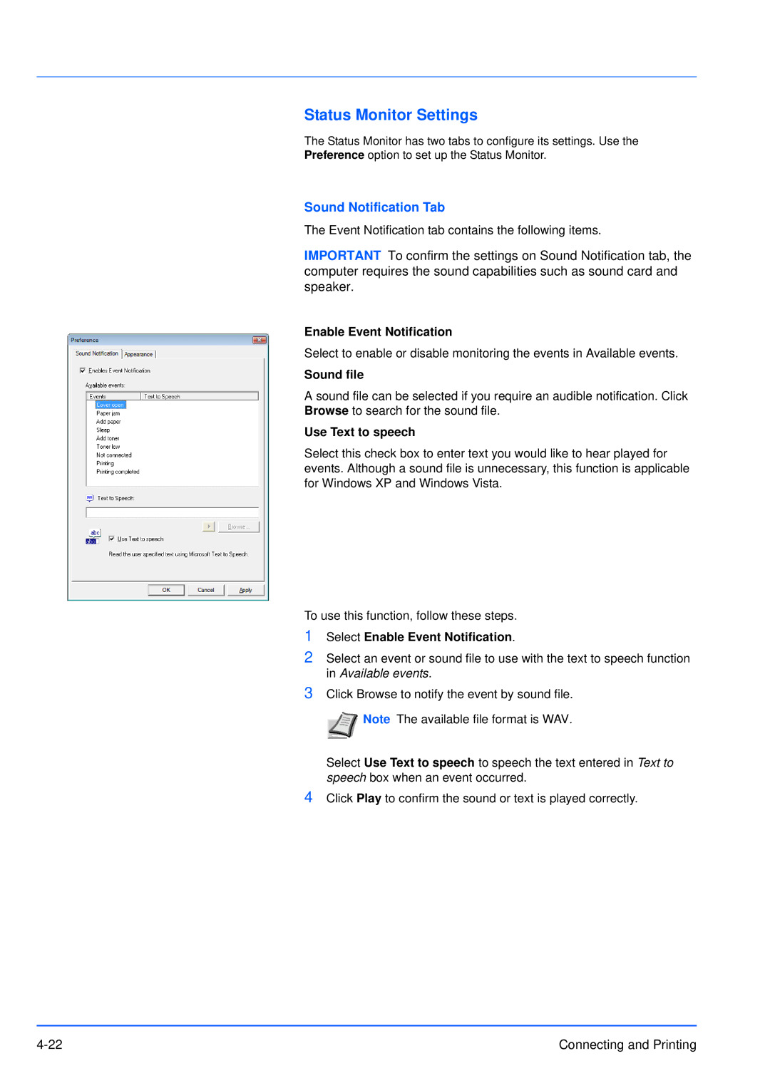 Kyocera FS-3920DN manual Status Monitor Settings, Sound Notification Tab 