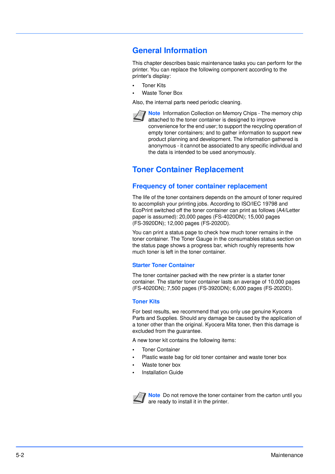 Kyocera FS-3920DN General Information, Toner Container Replacement, Frequency of toner container replacement, Toner Kits 