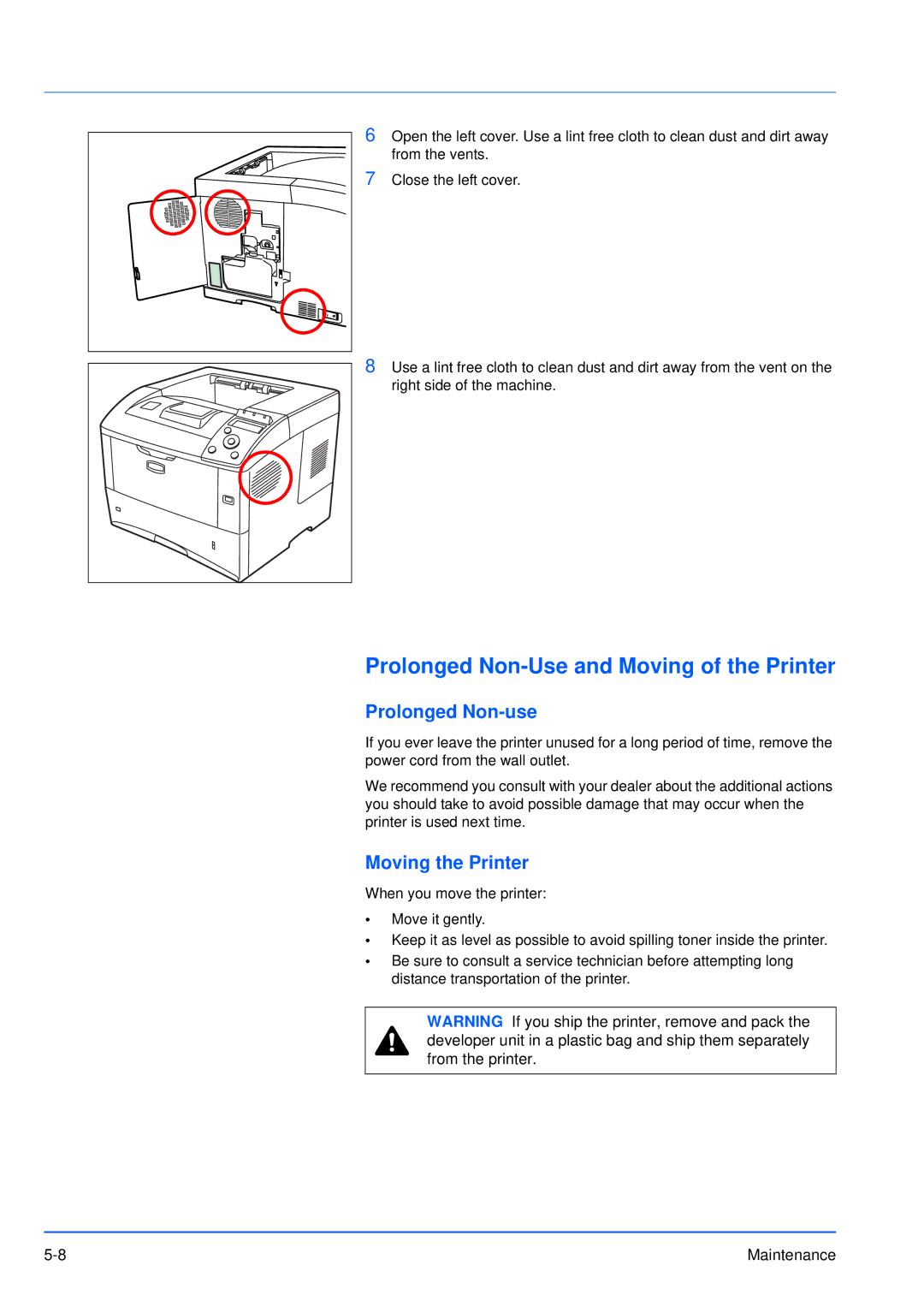 Kyocera FS-3920DN manual Prolonged Non-Use and Moving of the Printer, Prolonged Non-use, Moving the Printer 