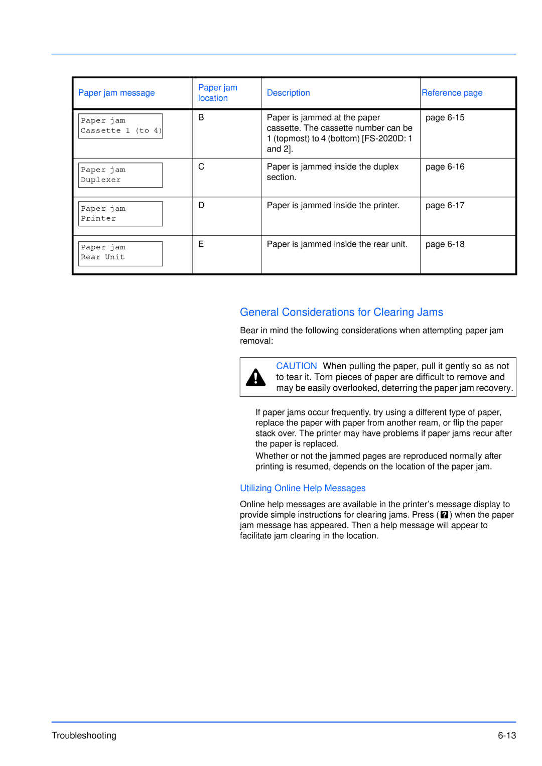 Kyocera FS-3920DN manual General Considerations for Clearing Jams, Utilizing Online Help Messages 