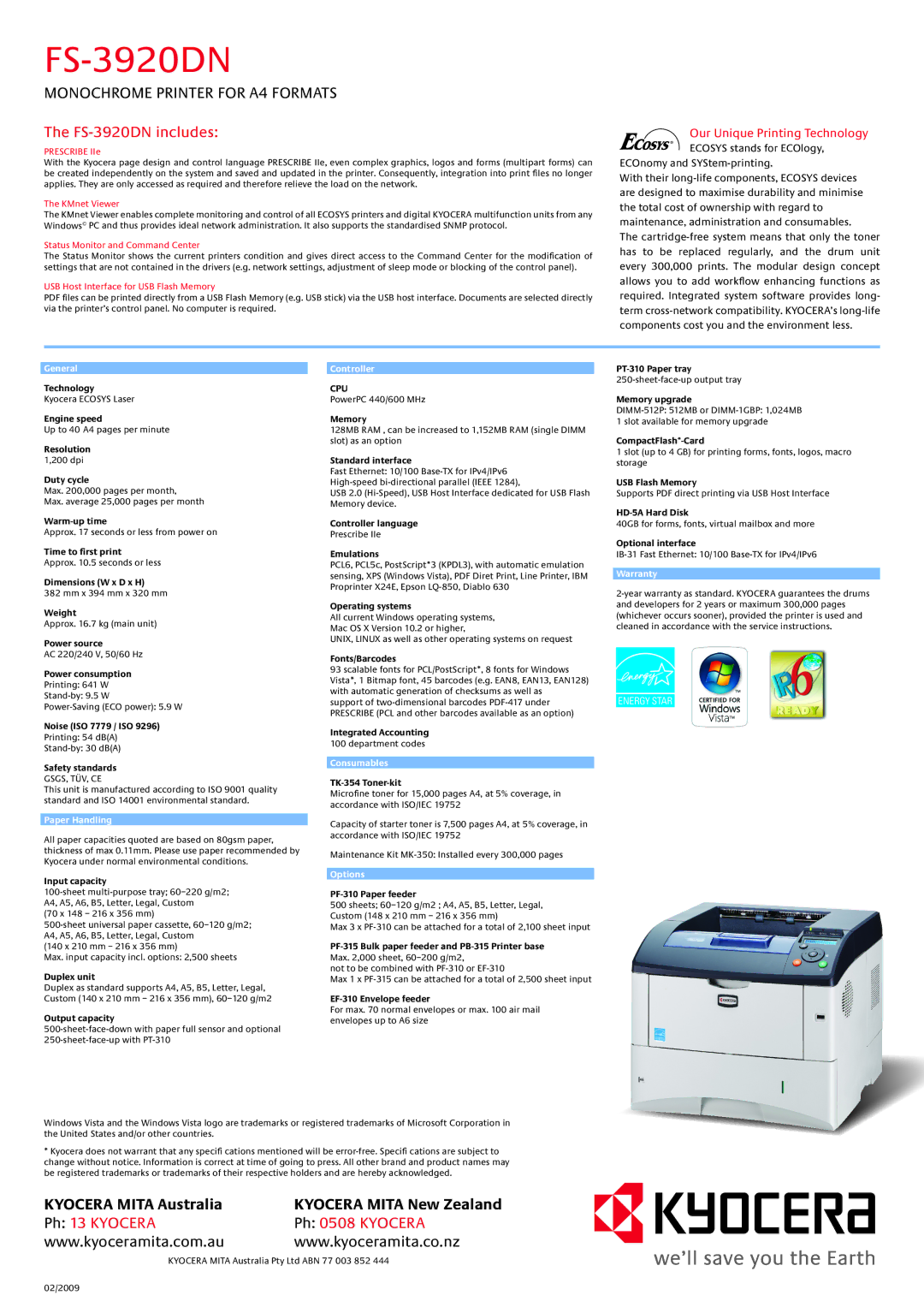 Kyocera FS-3920DN manual General, Paper Handling, Controller, Consumables, Options, Warranty 