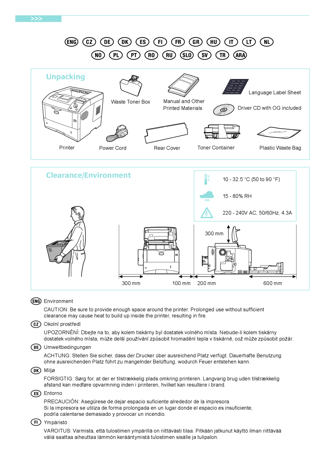 Kyocera Fs-4020dn, Fs-2020d manual Unpacking, Clearance/Environment 