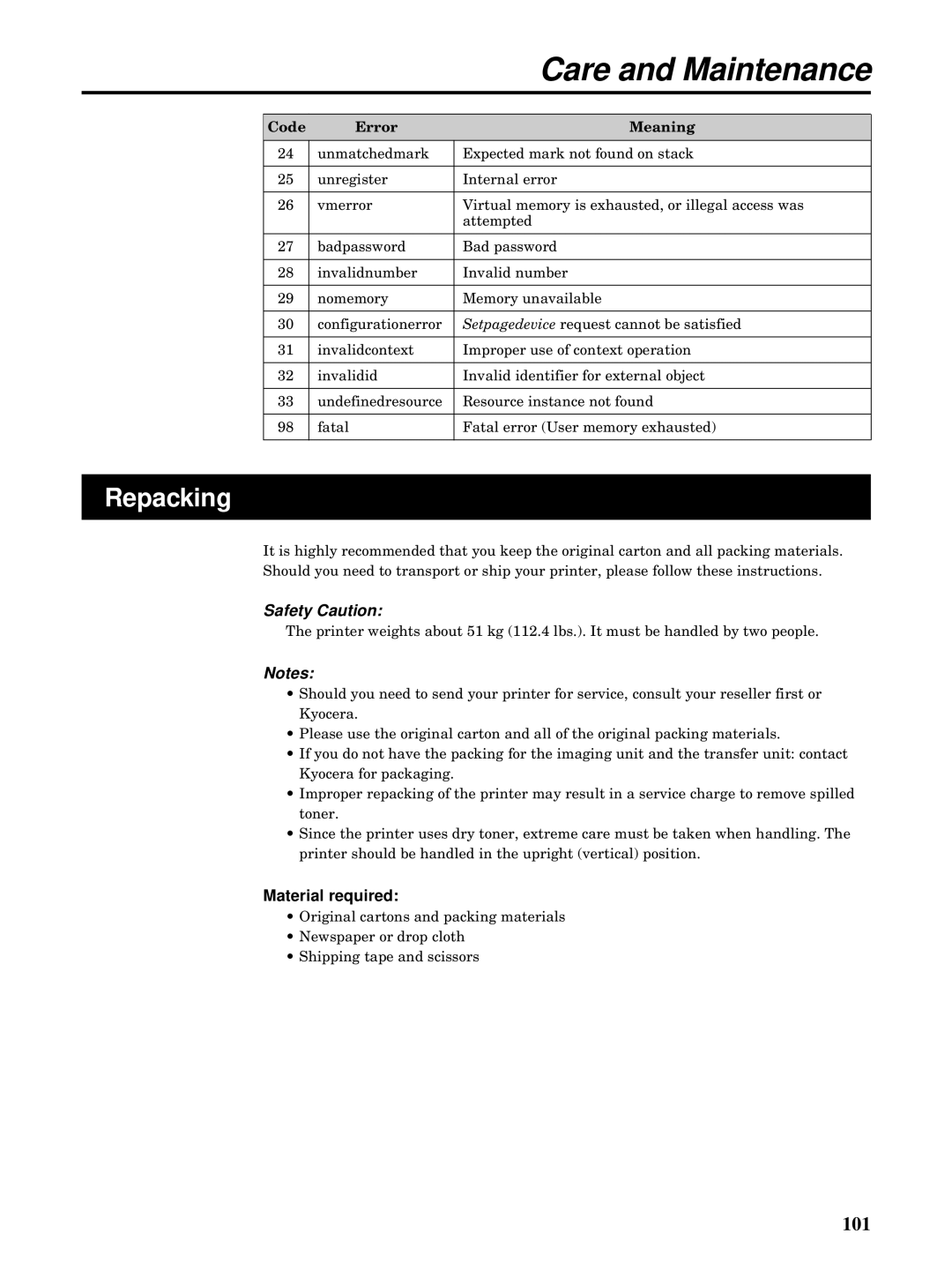 Kyocera FS-5900C manual Repacking, Material required 