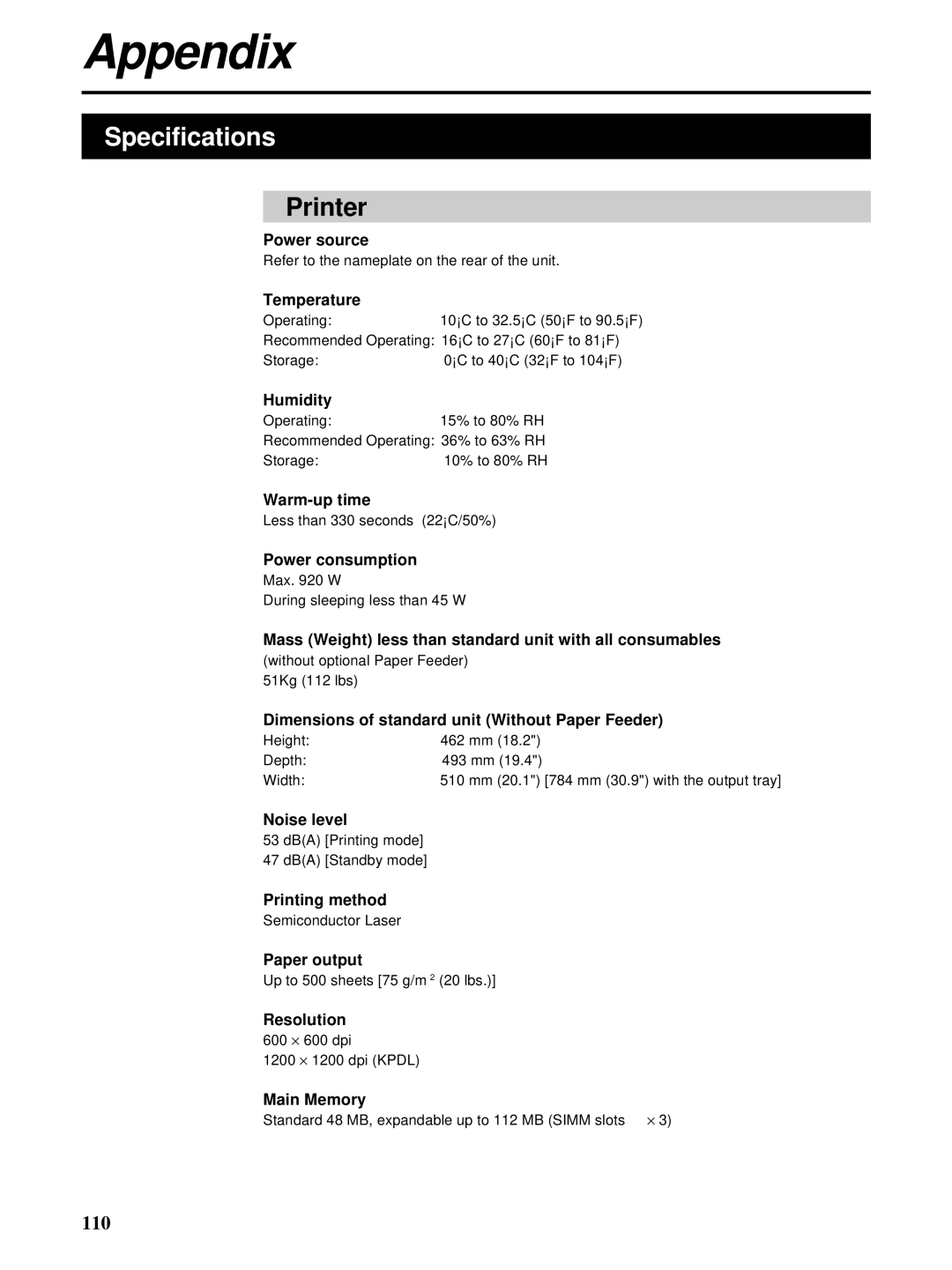 Kyocera FS-5900C manual Specifications, Printer 