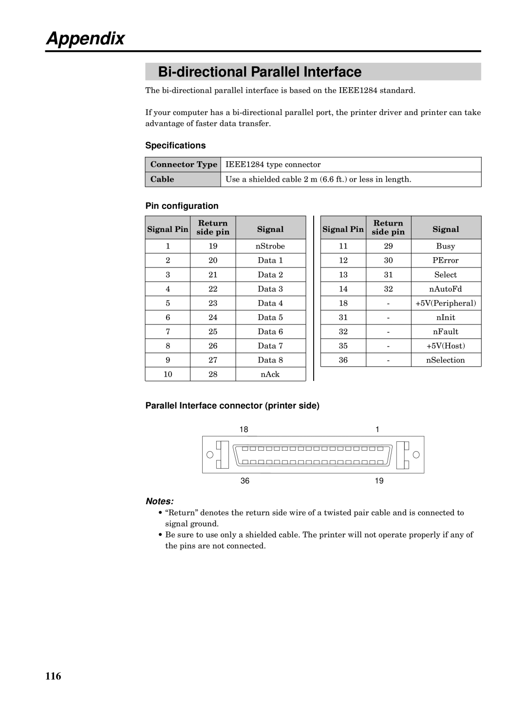 Kyocera FS-5900C manual Bi-directional Parallel Interface, Specifications, Pin configuration 