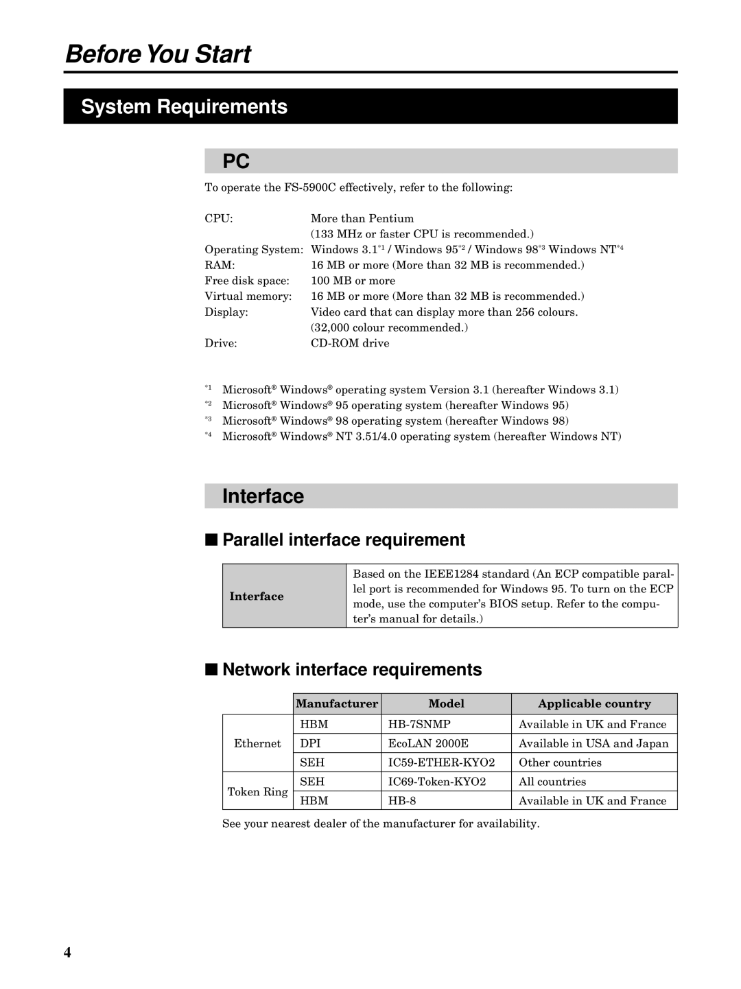 Kyocera FS-5900C manual System Requirements, Interface, Parallel interface requirement, Network interface requirements 