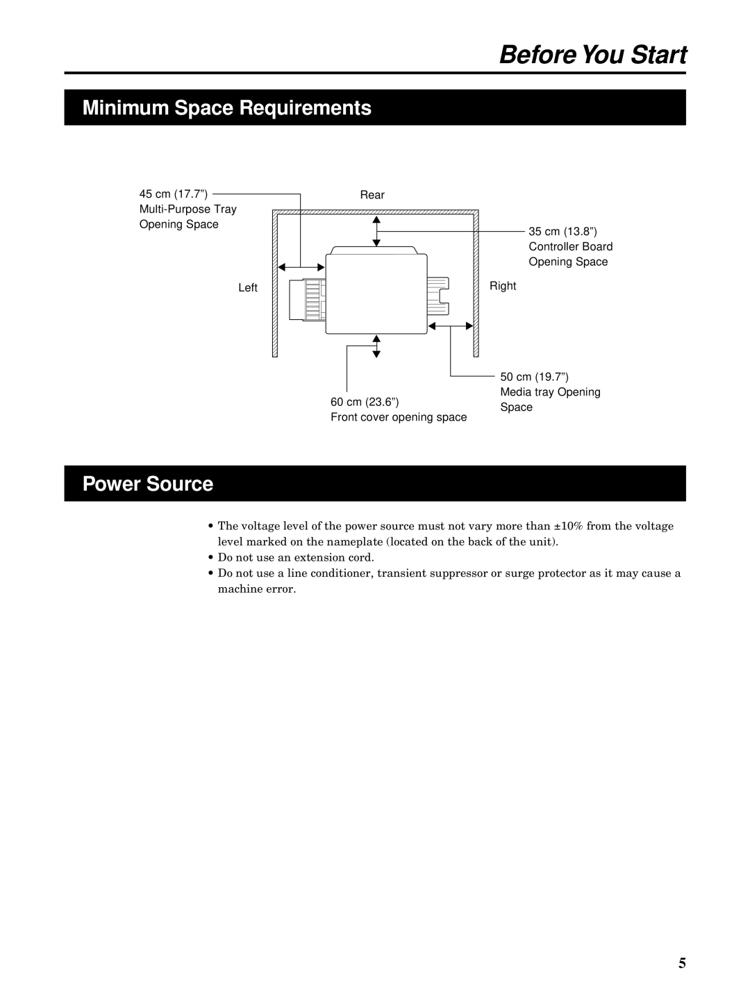 Kyocera FS-5900C manual Minimum Space Requirements, Power Source 