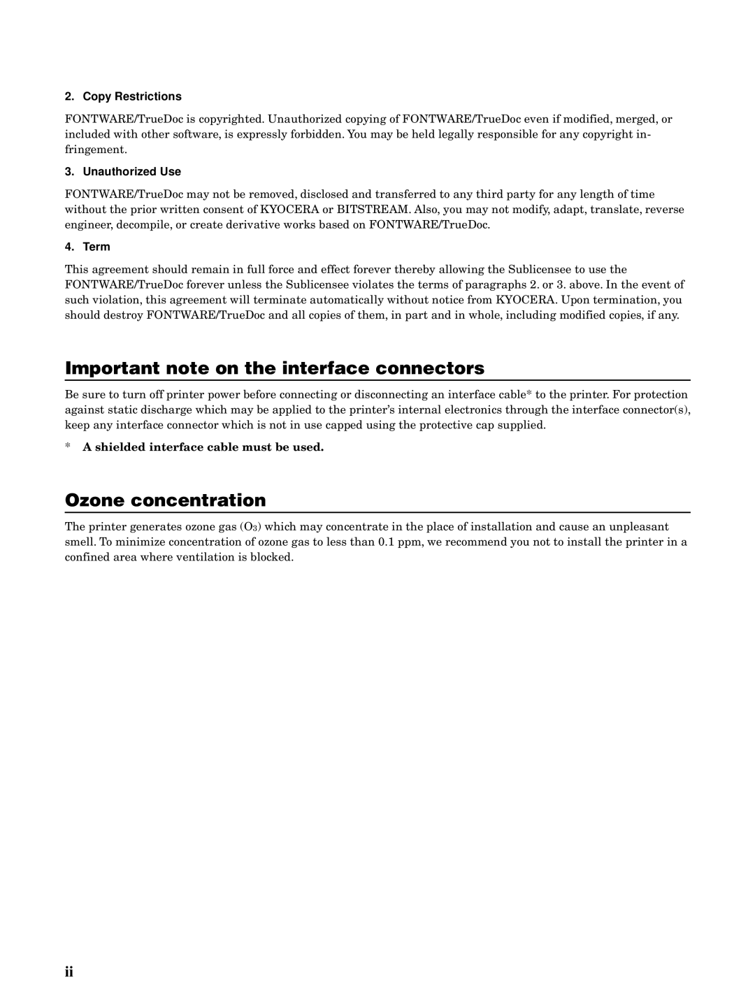 Kyocera FS-5900C Important note on the interface connectors, Ozone concentration, Shielded interface cable must be used 