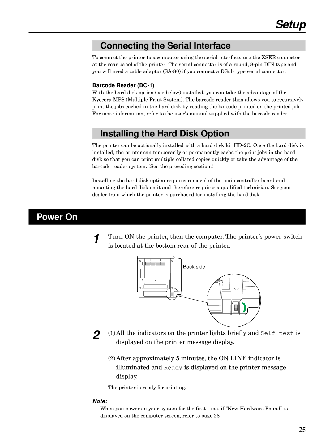 Kyocera FS-5900C manual Connecting the Serial Interface, Installing the Hard Disk Option, Power On, Barcode Reader BC-1 