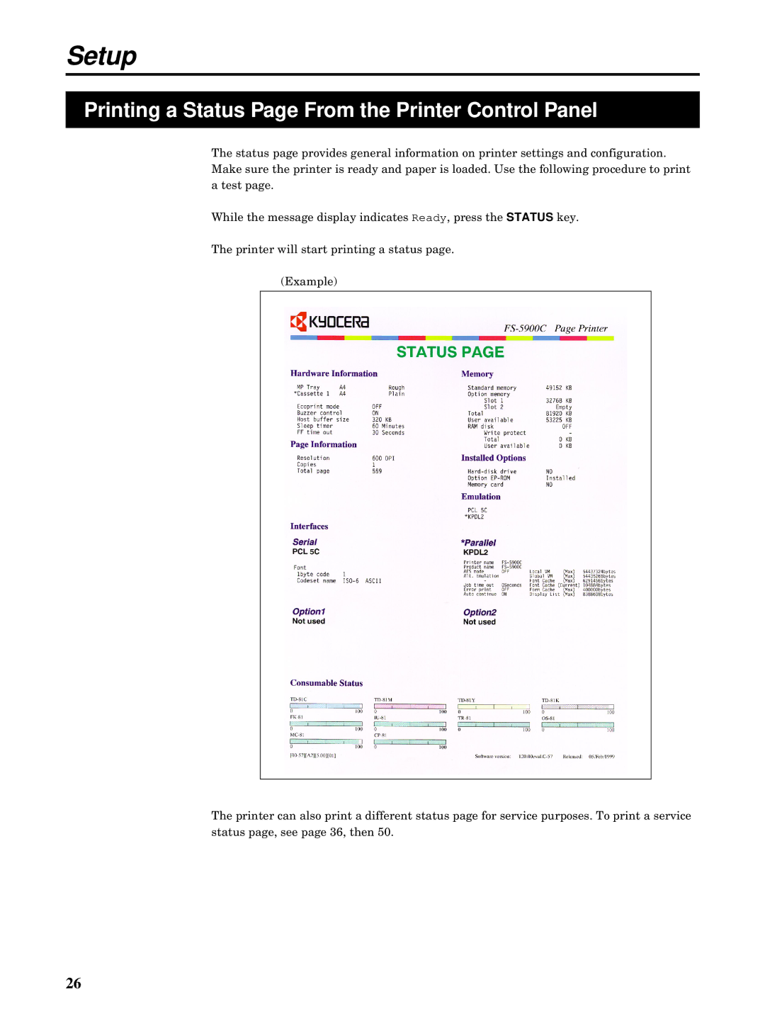 Kyocera FS-5900C manual Printing a Status Page From the Printer Control Panel 