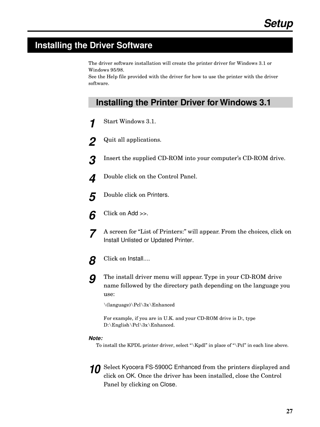 Kyocera FS-5900C manual Installing the Driver Software, Installing the Printer Driver for Windows 