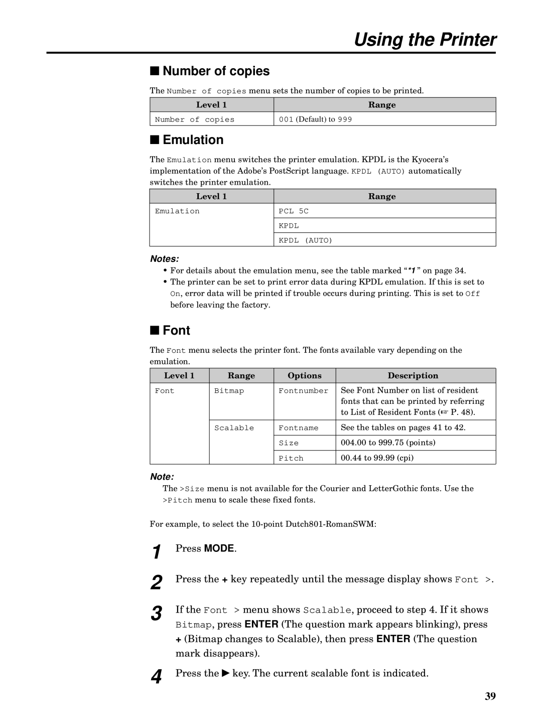 Kyocera FS-5900C manual Number of copies, Emulation, Font, Level Range Options Description 