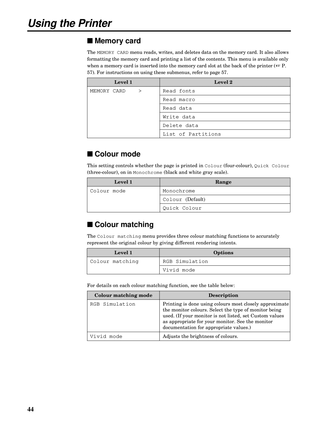 Kyocera FS-5900C manual Memory card, Colour mode, Level Options, Colour matching mode Description 