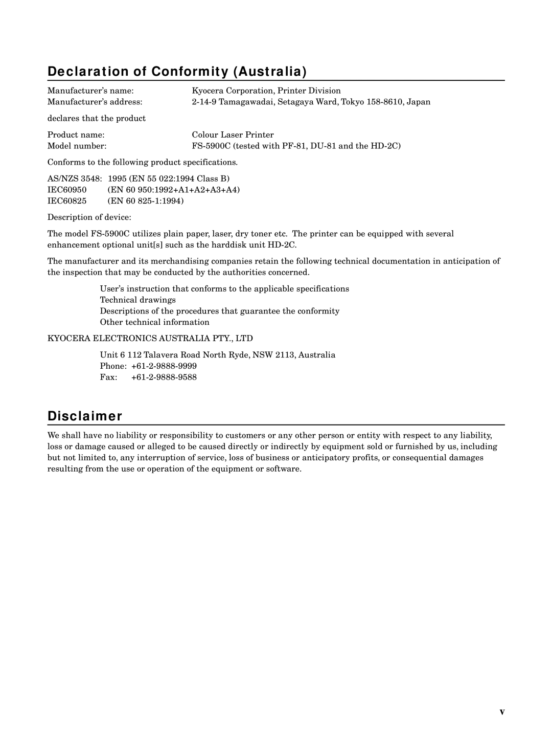 Kyocera FS-5900C manual Declaration of Conformity Australia, Disclaimer 