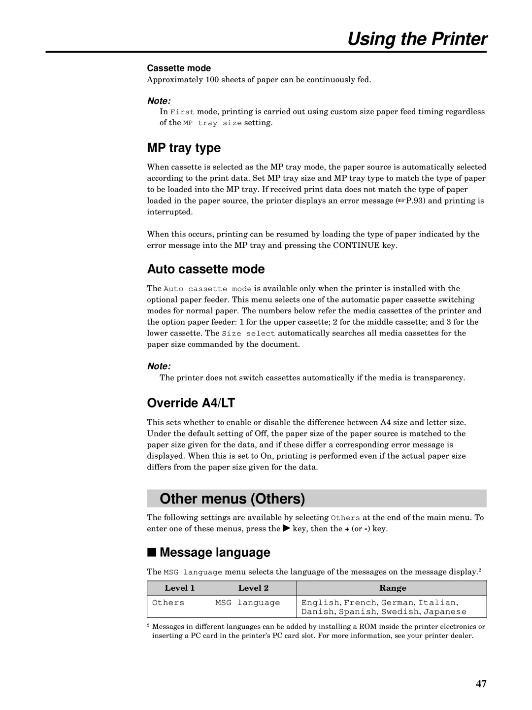 Kyocera FS-5900C manual Other menus Others, MP tray type, Auto cassette mode, Override A4/LT, Message language 