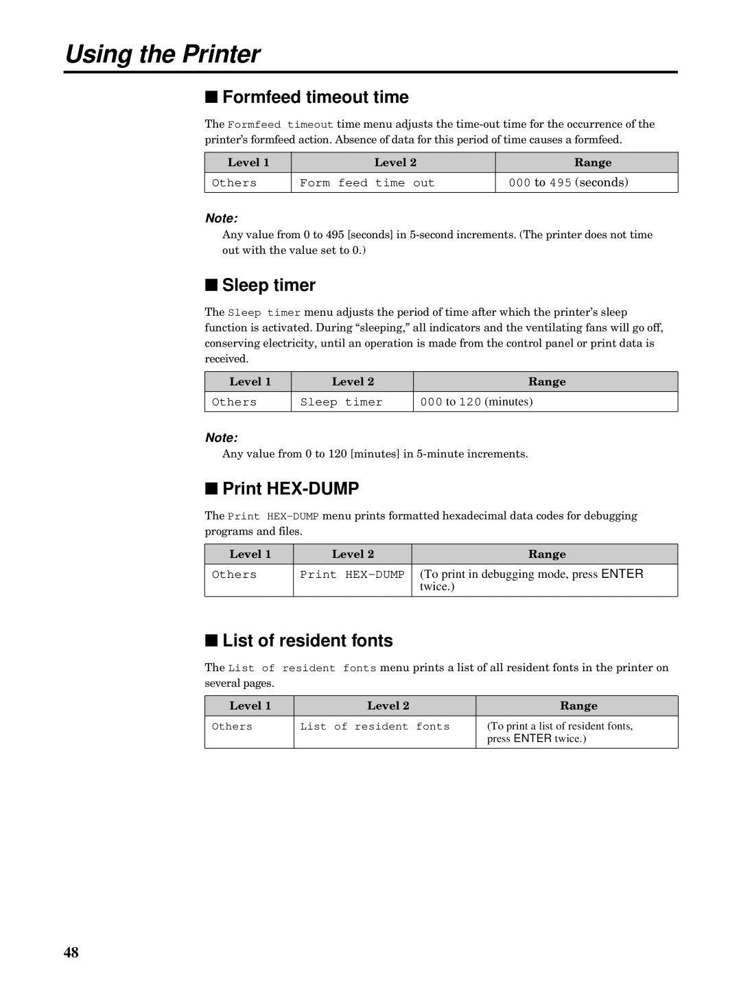 Kyocera FS-5900C manual Formfeed timeout time, Sleep timer, Print HEX-DUMP, List of resident fonts 