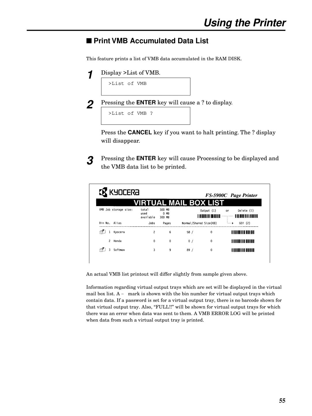 Kyocera FS-5900C manual Print VMB Accumulated Data List 