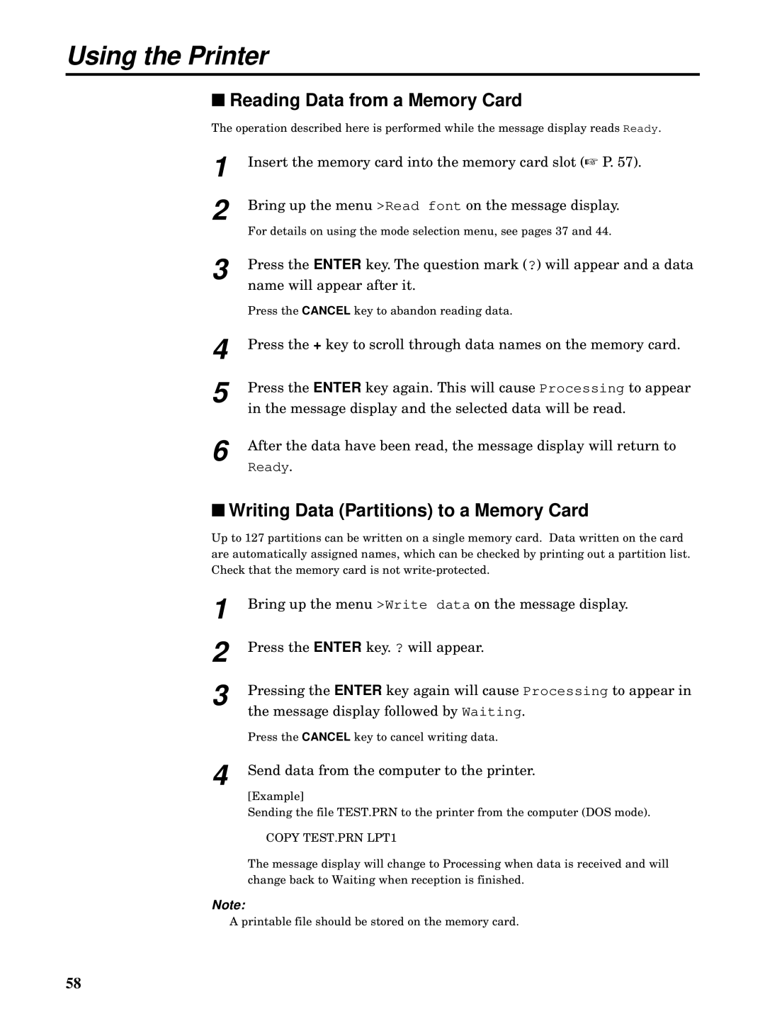 Kyocera FS-5900C manual Reading Data from a Memory Card, Writing Data Partitions to a Memory Card 